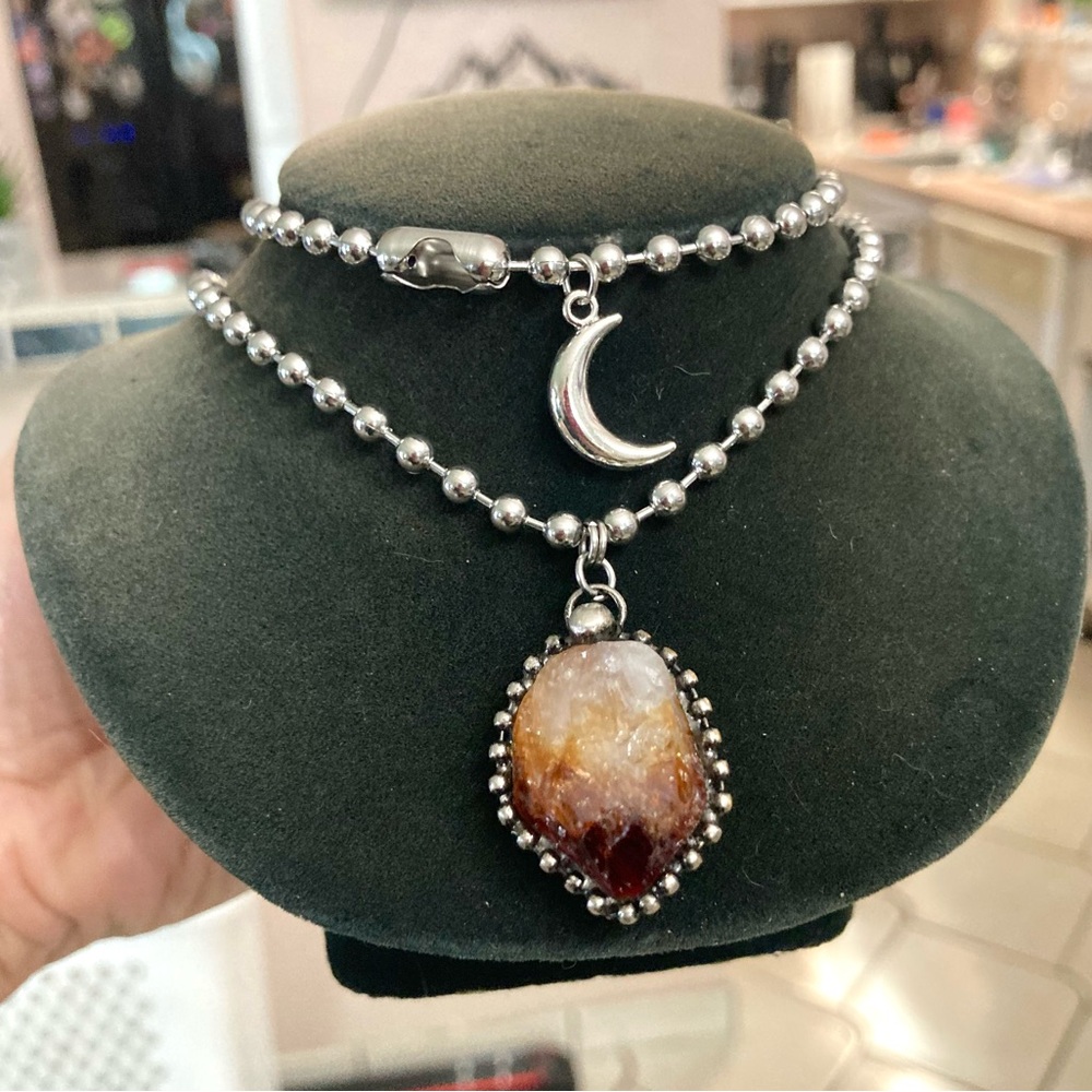 Genuine raw citrine crystal stone boho charm moon necklace